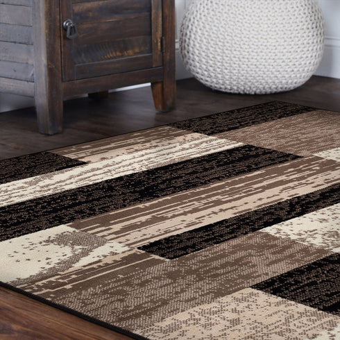12' Black Brown And Beige Patchwork Runner Rug